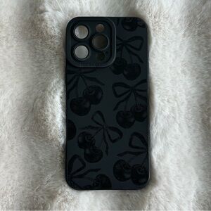 🆕 iPhone 16 Pro Max Black Soft Phone Case with Bow & 🍒Cherry Pattern!